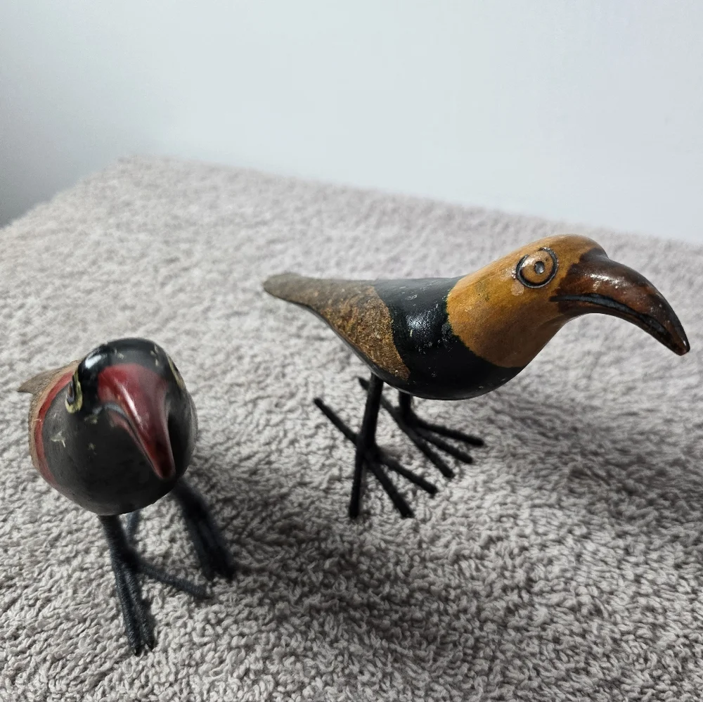 Handcrafted Wooden Bird Figurines - Red, Black, Brown